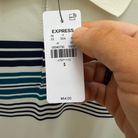 Express Men’s Striped Polo Shirt Cream Blue Short Sleeve NWT Size small - Picture 8 of 12